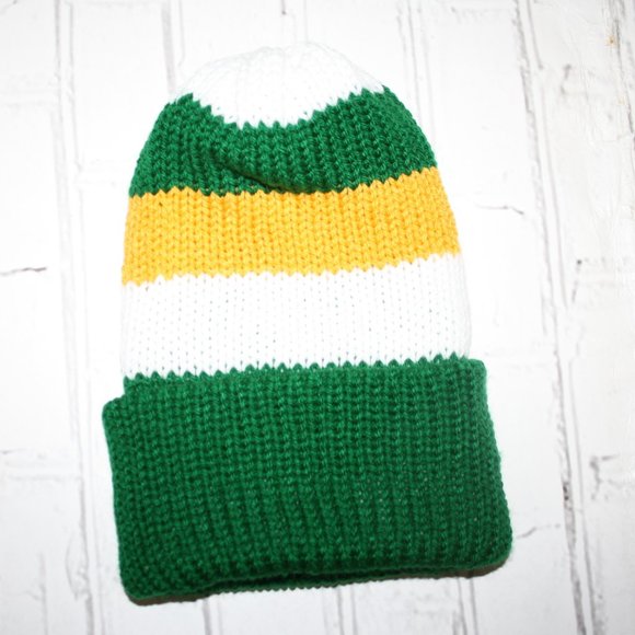🟢🧢 Handmade Knit Beanie · Green + White + Yellow · NWoT 🧢🟢 - Picture 1 of 4